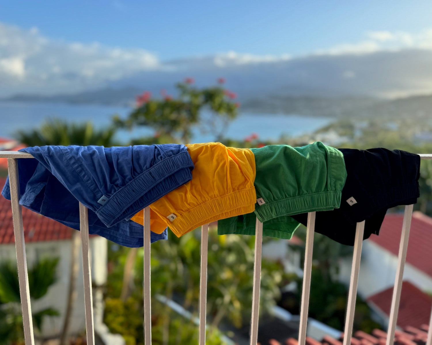 Four Bye Boxers on a balcony railing in a tropical setting
