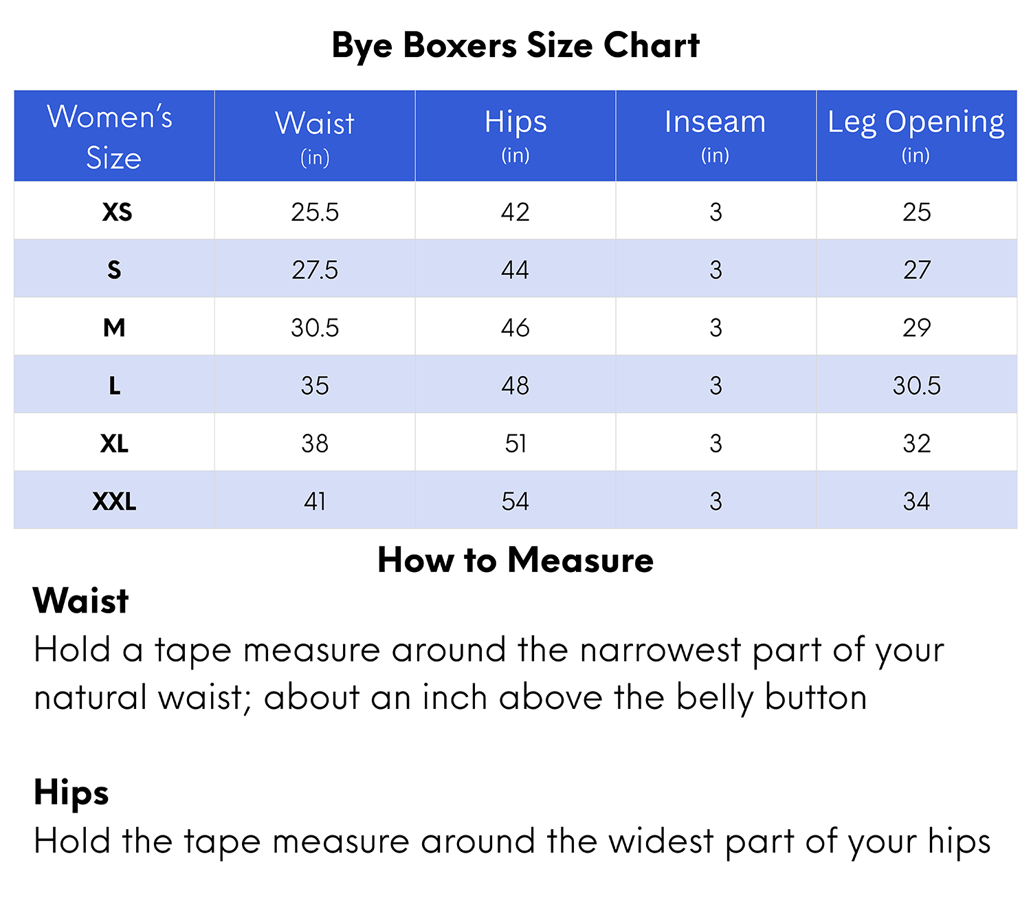 Size chart for women's Bye Boxers with measurements in inches.