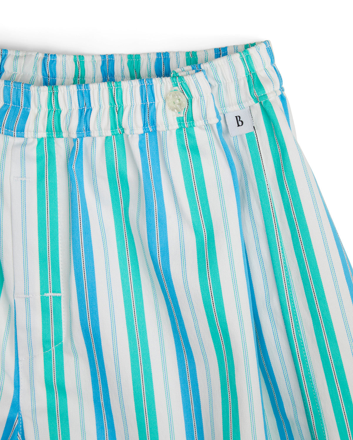 Striped shorts with Bye Boxers label on a white background