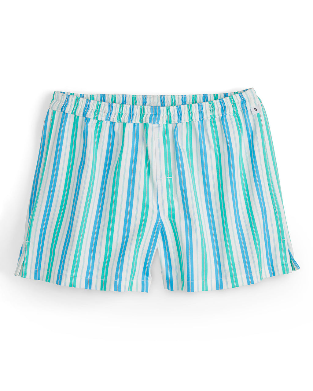 Striped shorts with blue and green pattern on a white background