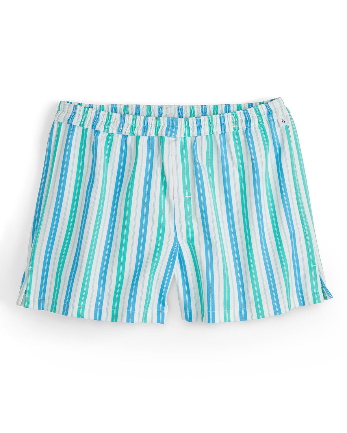 Striped shorts with blue and green pattern on a white background