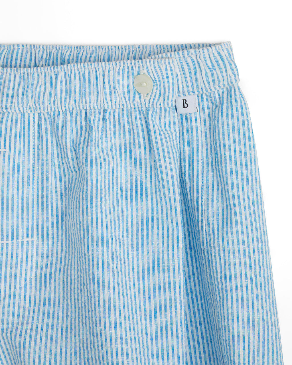 Blue and white striped shorts with Bye Boxers labell on a white background