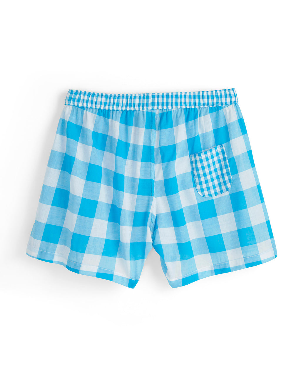Blue and white checkered shorts on a white background
