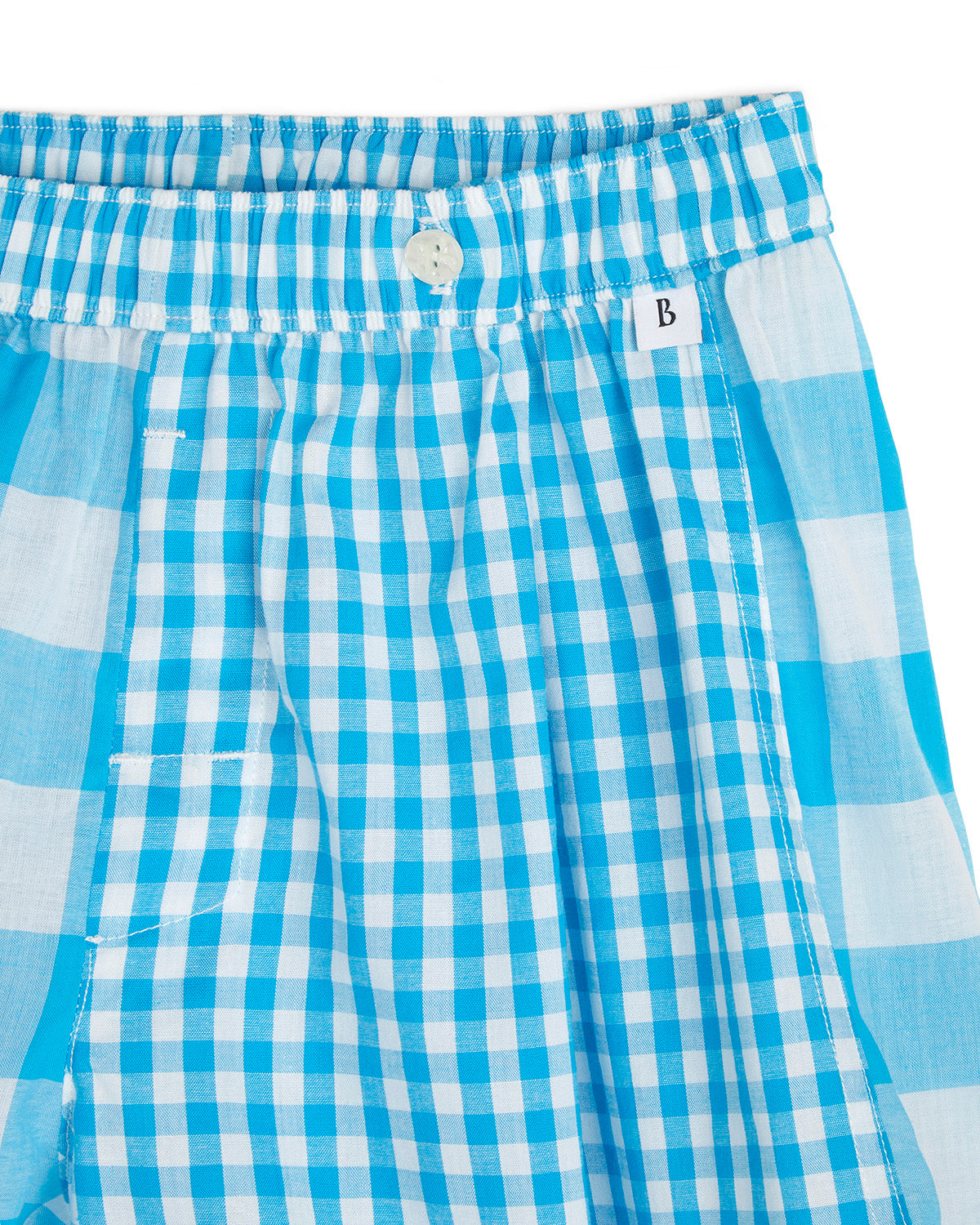 Blue and white checkered shorts with Bye Boxers logo on a white background