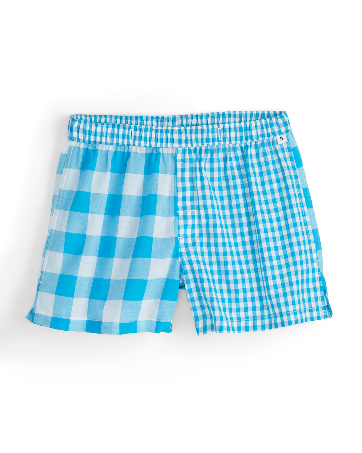 Blue and white checkered boxer shorts on a white background