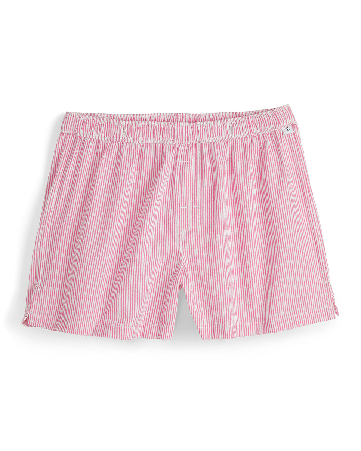 Pink striped boxer shorts on a white background